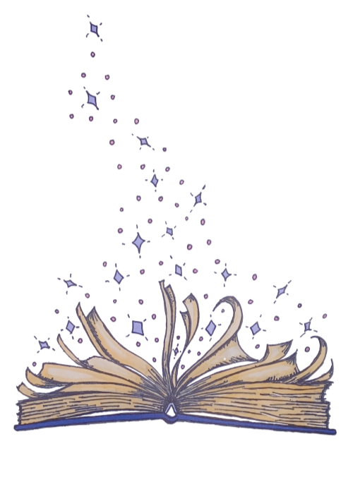 artwork drawn and colored by the site owner; this one is a book with the pages fluttering and magic dust streaming out of it.