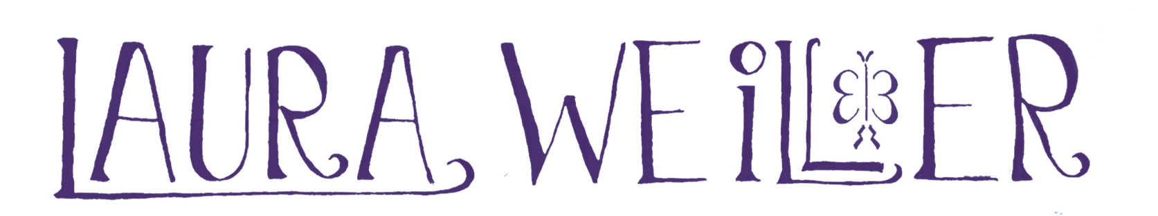 The name Laura Weiller in all caps, but it's designed so some letters fit into others creatively. The 2 L's in Weiller are stacked inside one another with a simple butterfly doodle in the center space. This doodle is Laura's artist mark; a monogram of her